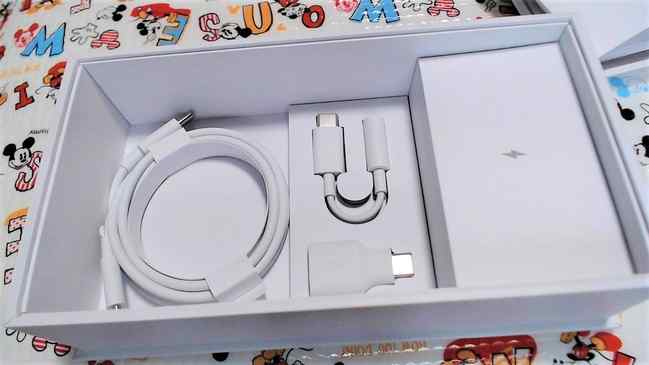 Google Pixel 3 XLのその他の付属品、USB Type-Cのケーブルと充電器、Type-C~MicroUSB変換アダプタ、Type-Cオーディオ変換プラグの4点!