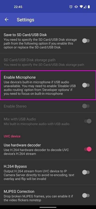 ここで、「Enable Microphone」をオフにします。 ここはPixel 4a(5G)本体のマイクを使うかどうかの設定で、マイクはZV-E10のを使いたいのでオフにしてます。