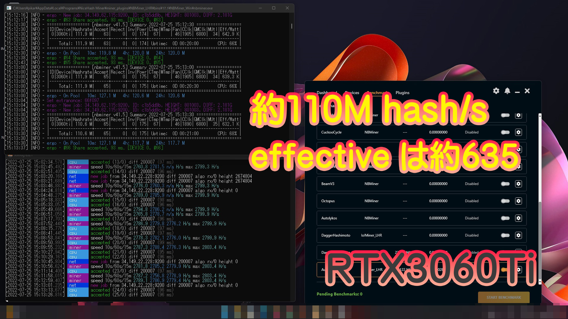 RTX3060Tiのハッシュレートと効率